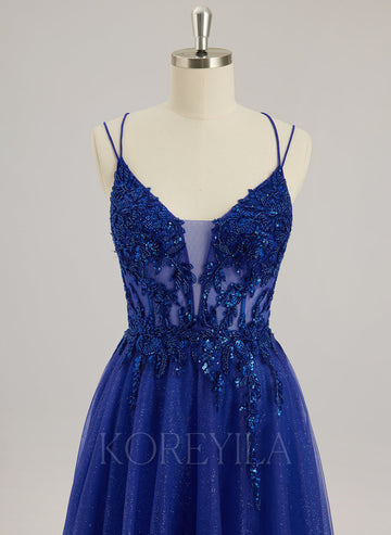 Ball-Gown/Princess V-Neck Floor-Length Tulle Prom Dresses With Beading Sequins Appliques Lace